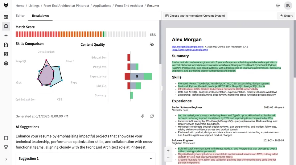 Editing a resume beside its rendered PDF preview