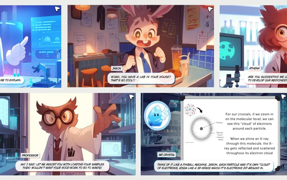 Story frames combine illustrated characters, dialogue, and scientific explanations